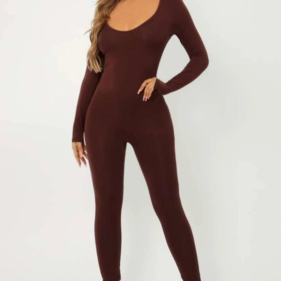 Brown long sleeve jumpsuit bodysuit S - Picture 4 of 5
